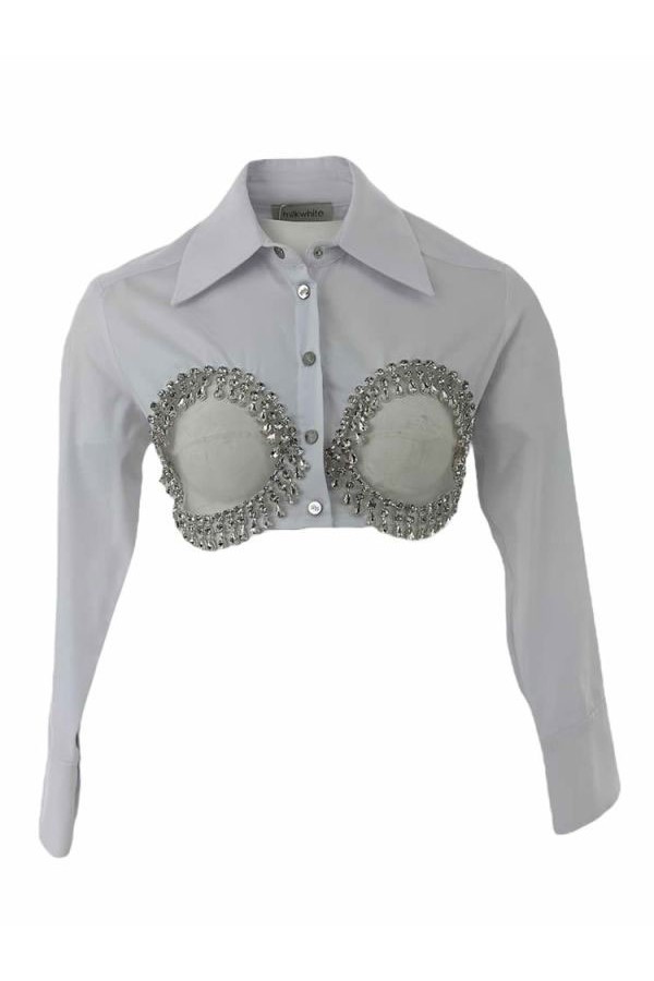 Milkwhite Cropped Shirt With Crystals White 